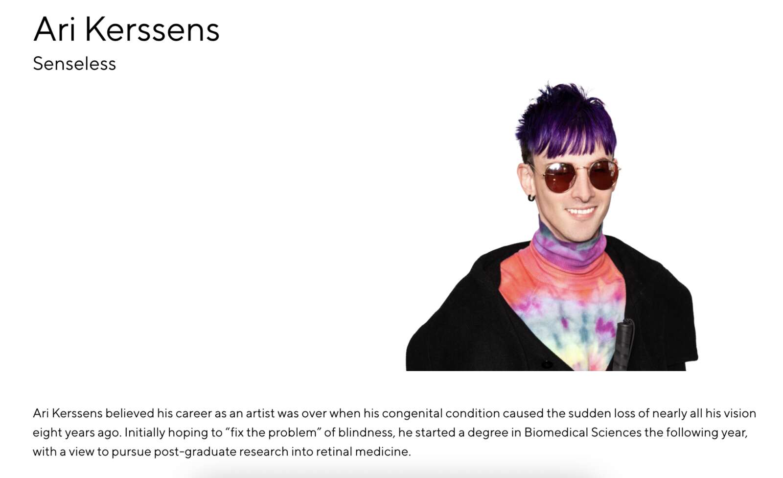 Screenshot of Ari's work. Images Shows Ari with short purple hair, wearing sunglasses, a tie dye shirt and black jacket.