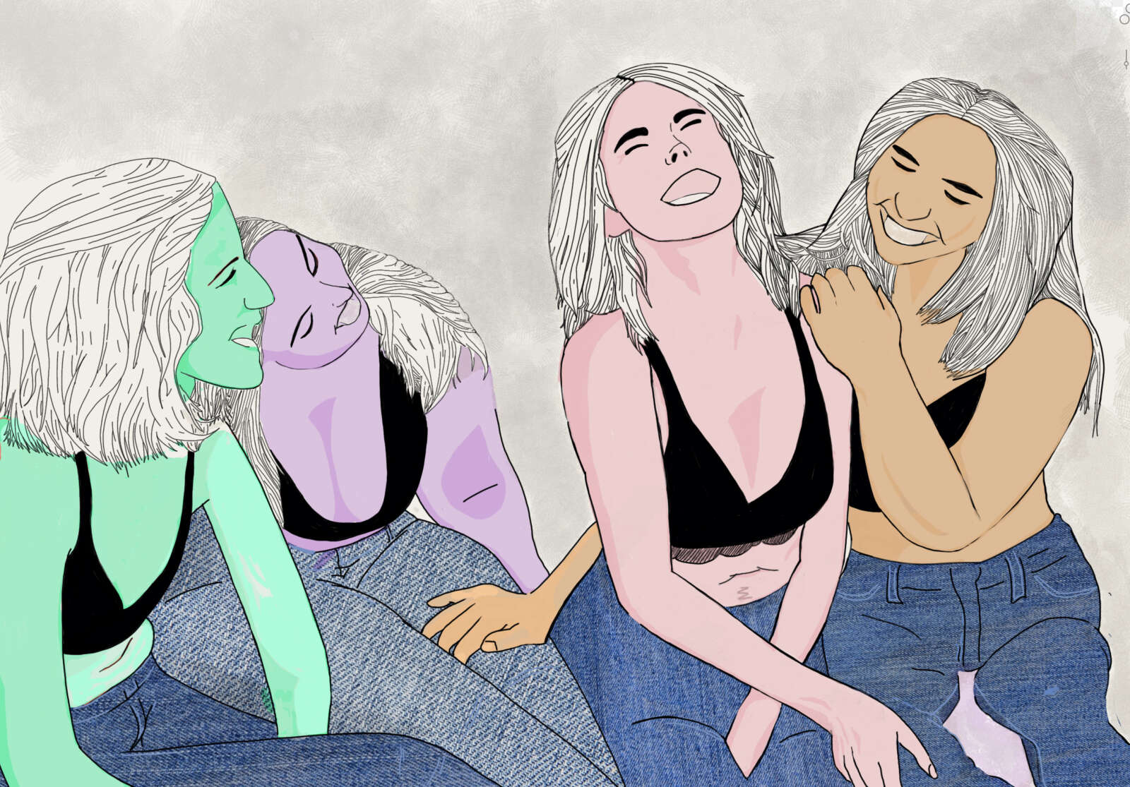 Drawing of the four writers sitting down and laughing they're different colours of pinks and purples