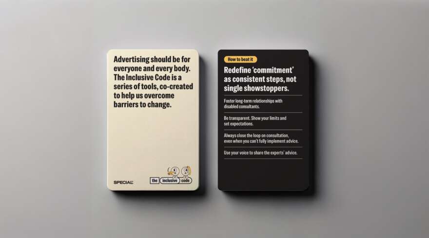 Cards developed for the Inclusive Code with actions and learnings on them