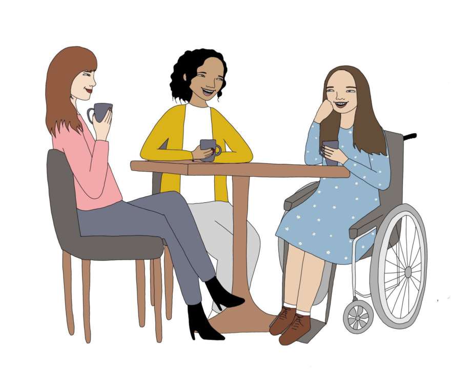 Drawing of group sitting together drinking coffee