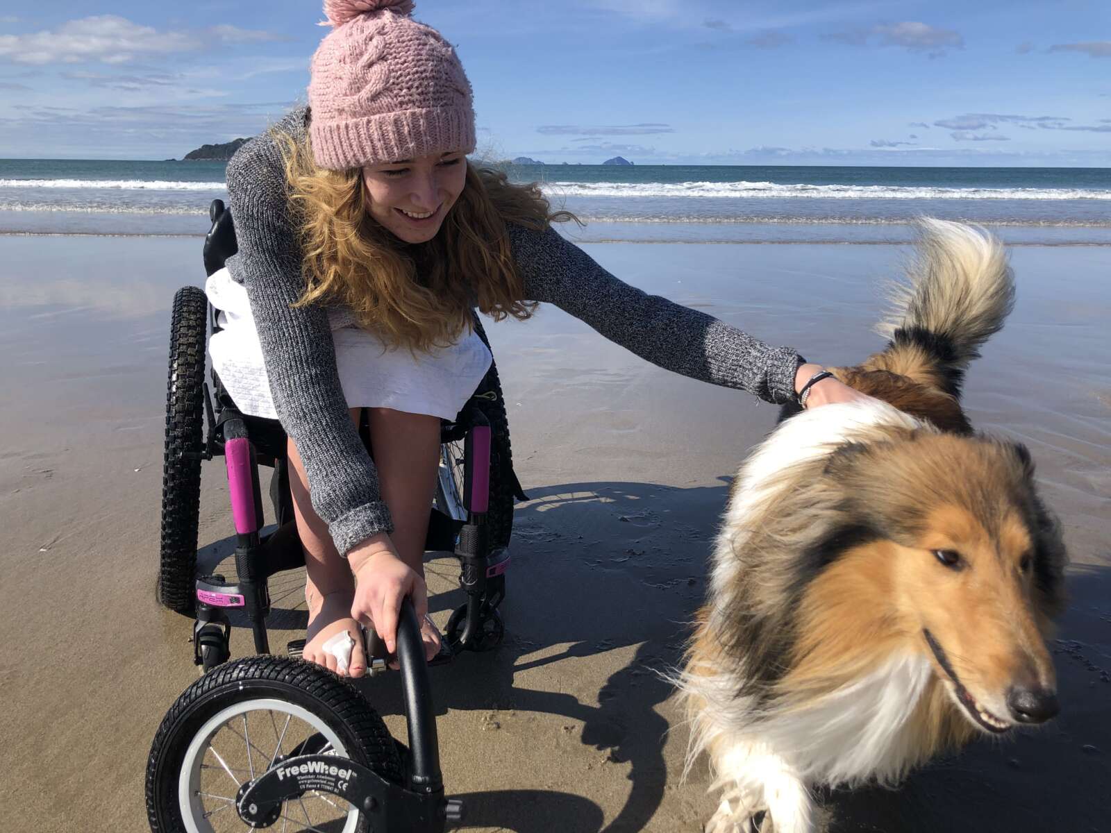 Pieta in her beach wheelchair leans to pat dog