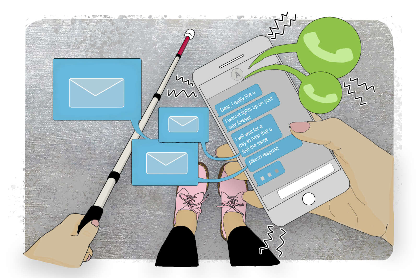 Drawing - woman with cane holds phone with messages popping up